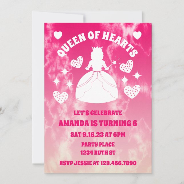 Tie Dye Queen Of Hearts Birthday Invitation (Front)