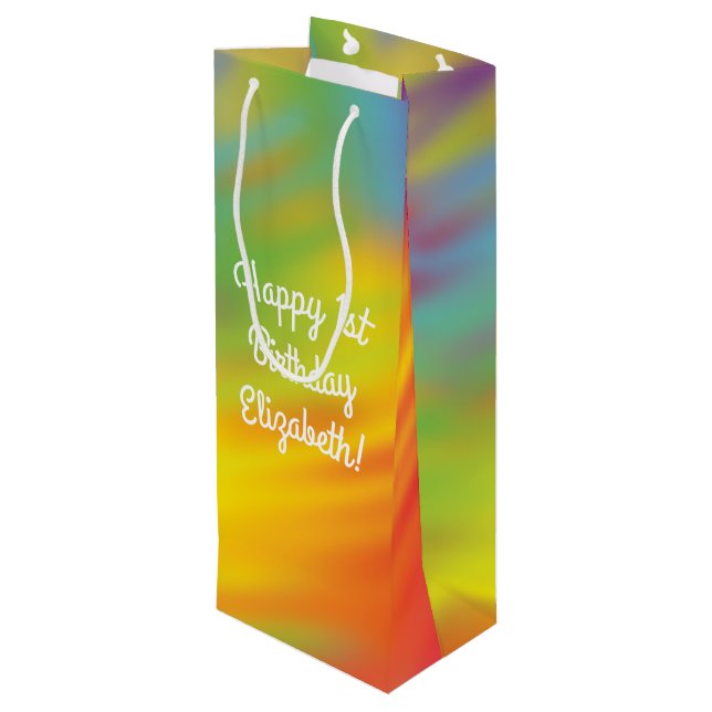 Tie Dye Rainbow Birthday Party Wine Gift Bag (Back Angled)