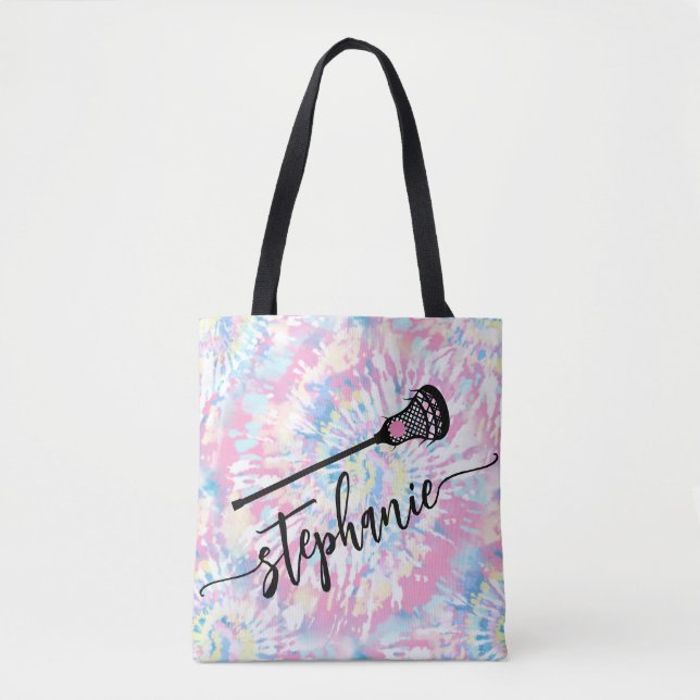 Tie Dye Script Custom Name LAX Lacrosse Tote Bag (Front)