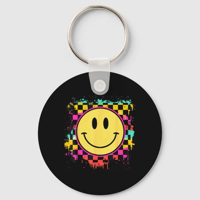 Tie Dye Smile Face Chequered Pattern Happy Smiling Key Ring (Front)
