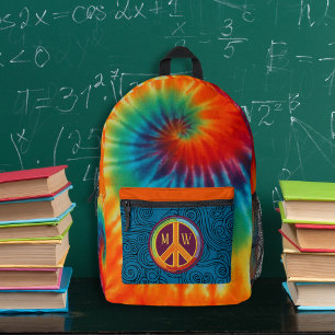Tie Dye Swirl Peace Sign Monogram Printed Backpack
