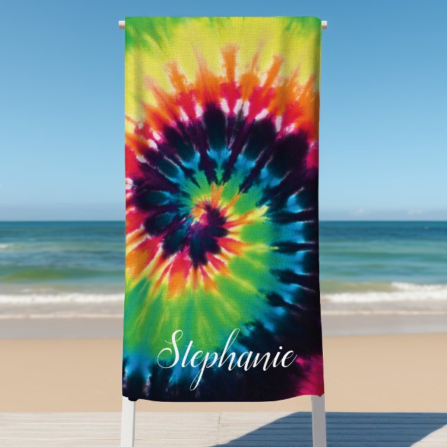 Tie Dye Swirl Rainbow Retro Personalised Summer Beach Towel (Creator Uploaded)