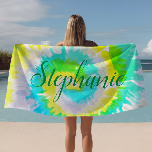 Tie Dye Swirl Yellow Blue Green Personalised Beach Towel