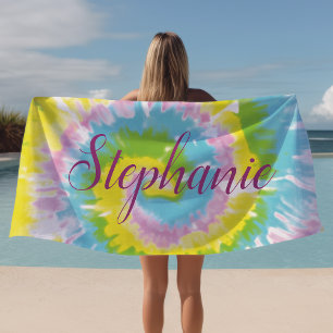 Tie Dye Swirl Yellow Blue Personalised Summer  Beach Towel