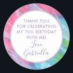 Tie Dye Thank You Birthday Party Favour Classic Round Sticker<br><div class="desc">Girly Tie Dye in Pink,  Turquoise,  Teal Blue,  and Purple Personalised Thank You Favour Label Sticker for a Hippie Chic Party with custom name and thank you text. Part of a collection designed by Paper Grape for Zazzle.</div>