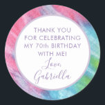 Tie Dye Thank You Birthday Party Favour Classic Round Sticker<br><div class="desc">Girly Tie Dye in Pink,  Turquoise,  Teal Blue,  and Purple Personalised Thank You Favour Label Sticker for a Hippie Chic Party with custom name and thank you text. Part of a collection designed by Paper Grape for Zazzle.</div>