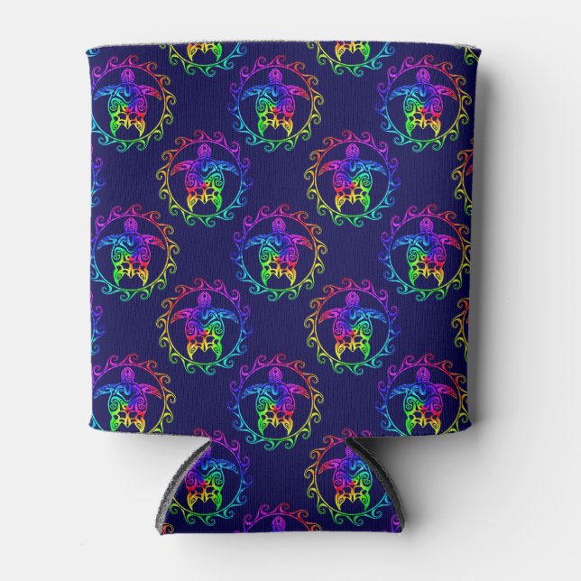 Tie Dye Tribal Turtle Moari Sun Blue Can Cooler (Front)