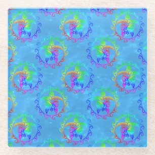 Tie Dye Tribal Turtle Moari Sun Light Blue Glass Coaster