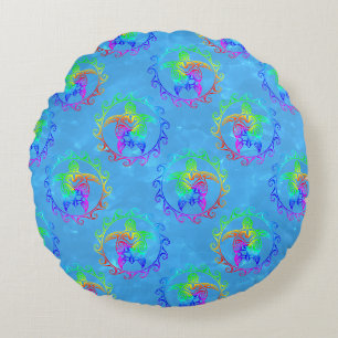 Tie Dye Tribal Turtle Moari Sun Light Blue Round Cushion