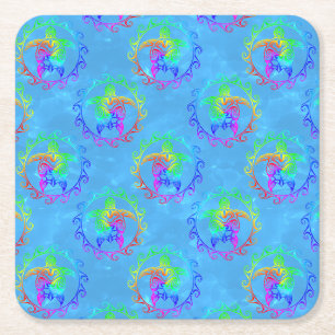 Tie Dye Tribal Turtle Moari Sun Light Blue Square Paper Coaster
