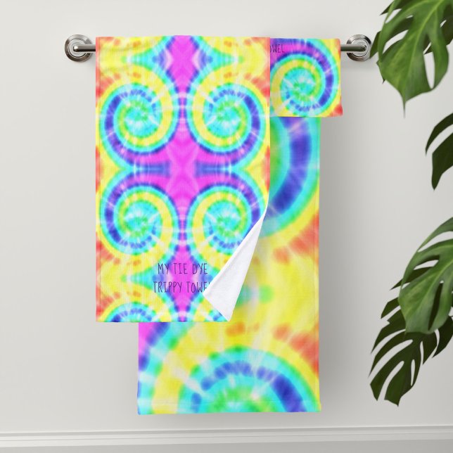 Tie Dye Trippy Hippie Psychedelic Bath Towel Set (A trippy hippie tie dye pattern bath towel set just for you. Add your name!)