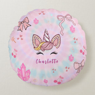 Tie Dye Unicorn Coquette Bow Round Cushion