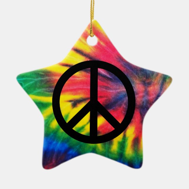 Tie Dyed Black Peace Sign Ceramic Tree Decoration (Front)