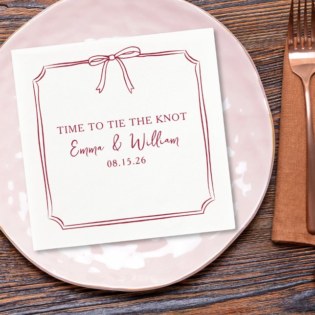 "Tie The Knot" Bow Burgundy Maroon Custom Wedding Napkin (Elegant 'Time to Tie the Knot' wedding napkins with a minimalist bow design for a chic special touch)