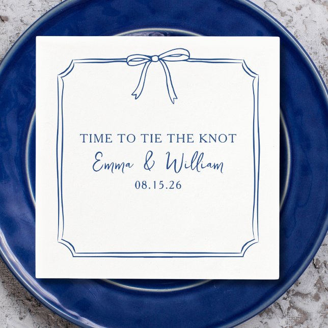 "Tie The Knot" Bow Simple Navy Blue Custom Wedding Napkin (Elegant 'Time to Tie the Knot' wedding napkins in a navy blue, featuring a cute hand drawn bow)