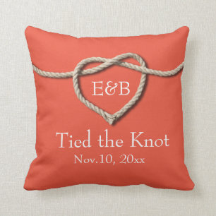 Tie the Knot Coral Burlap Wedding Pillow