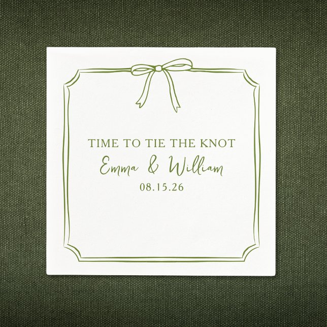 "Tie The Knot" Elegant Bow Simple Olive Wedding Napkin (Perfect for "Tying the Knot," these olive green napkins with a chic bow design can be customized!)