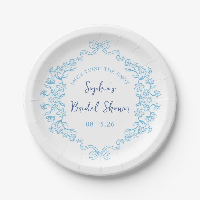  "Tie the Knot" Something Blue Bow Bridal Shower  Paper Plate (Front)