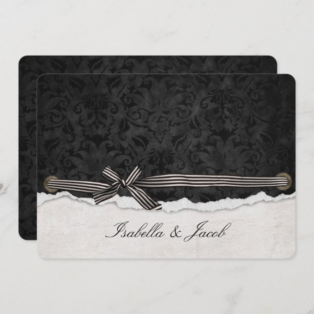 tied bow on black damask invitation (Front/Back)
