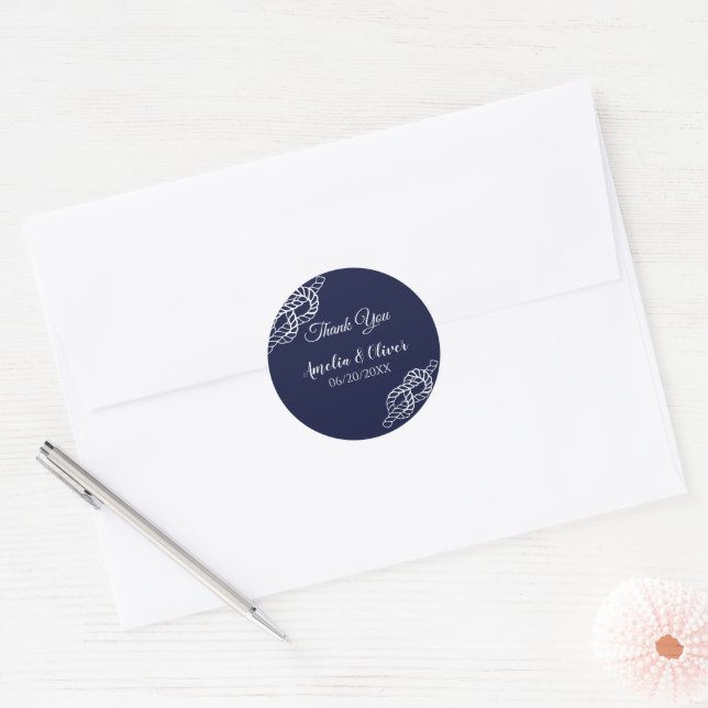 Tied The Knot Nautical Rope White & Navy Wedding Classic Round Sticker (Envelope)
