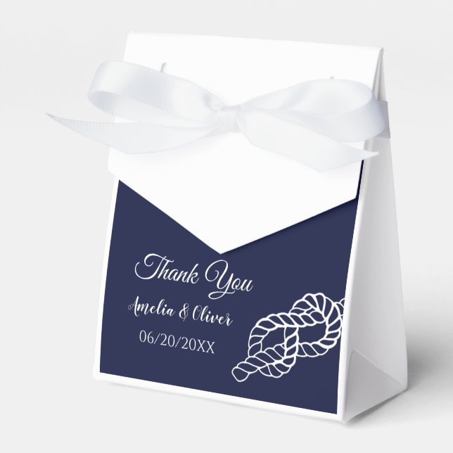 Tied The Knot Nautical Rope White & Navy Wedding Favour Box (Front Side)
