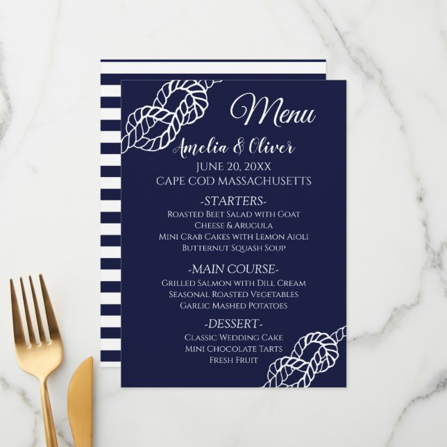 Tied The Knot Nautical Rope White Navy Wedding Menu (Front/Back In Situ)