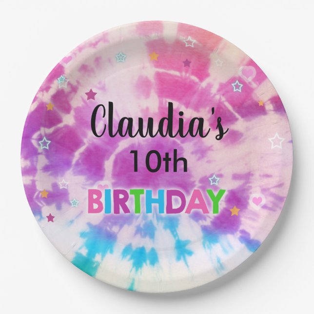 Tiedye girl birthday customised paper plate. paper plate (Front)