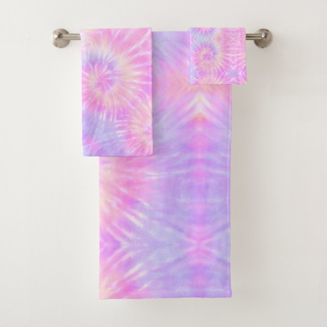 Tiedye Pastel Rainbow Spiral Hippie Tie Dye  Bath Towel Set (Insitu)