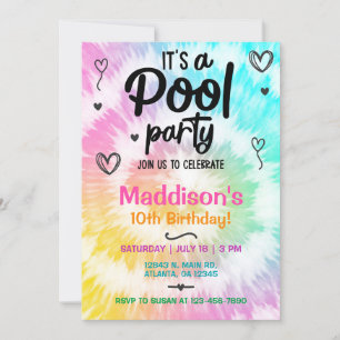 TieDye pool party Girl Birthday invite. Invitation
