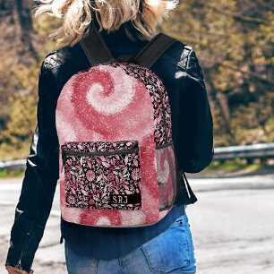Tiedye Psychedelic Retro Pink Flowers Monogram Printed Backpack