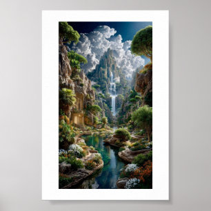Tiered Waterfall Fantasy Mountain – Ancient Castle Poster
