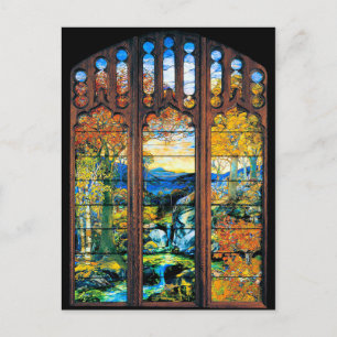 " Tiffanty Stained Glass Window Fall Landscape Postcard