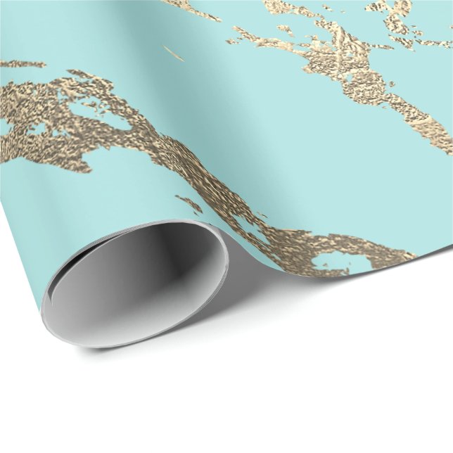 Tiffany Aqua Blue Gold Marble Shiny Glam Wrapping Paper (Roll Corner)