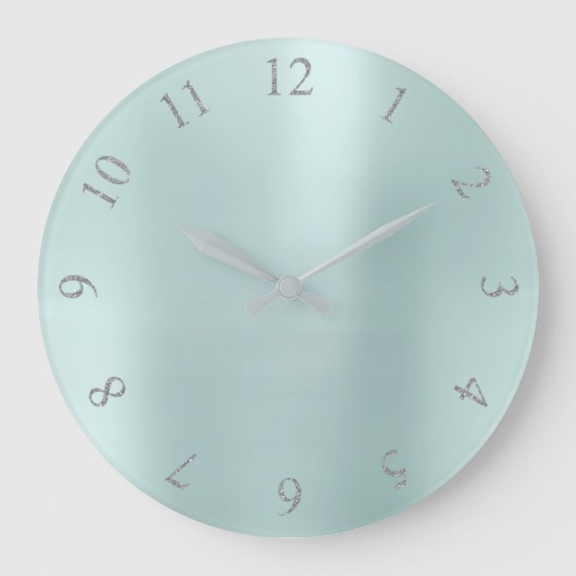 Tiffany Aqua BlueGlitter Grey Silver US UK Numbers Large Clock (Front)