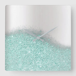 Tiffany Aqua Glitter Silver Grey Minimal Metallic Square Wall Clock