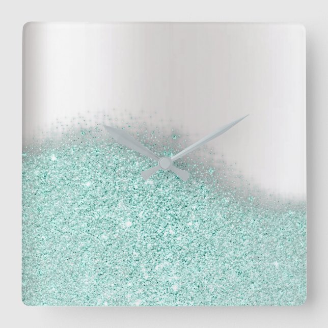 Tiffany Aqua Glitter Silver Grey Minimal Metallic Square Wall Clock (Front)