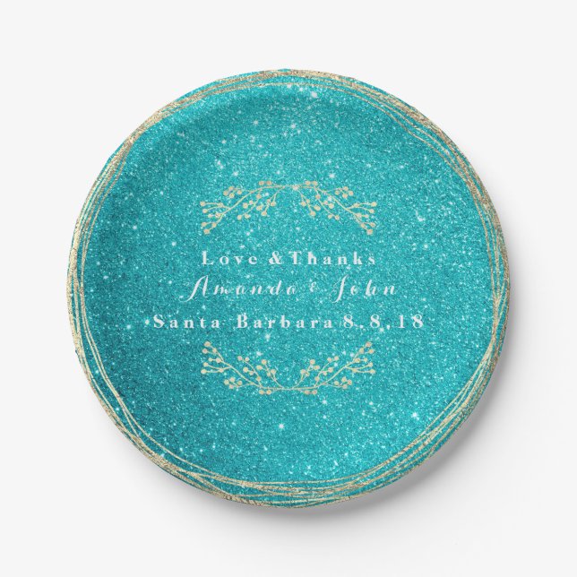 Tiffany Aqua Ocean Gold Floral Glitter Wedding Paper Plate (Front)