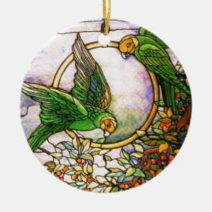 Tiffany Art Nouveau Stained Glass Parrots Ornament
