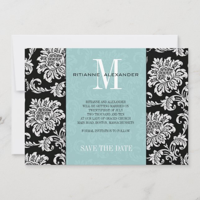 Tiffany Black Monogram Damask Save The Date Invitation (Front)