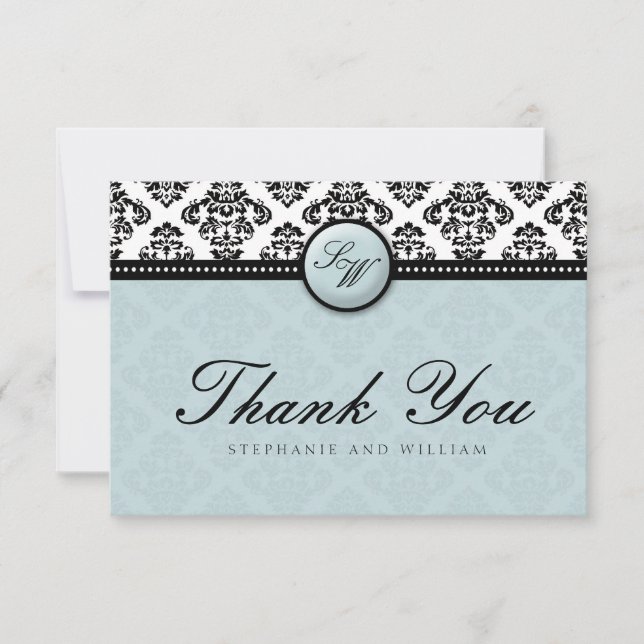 Tiffany Damask Monogram Wedding Thank You Card (Front)