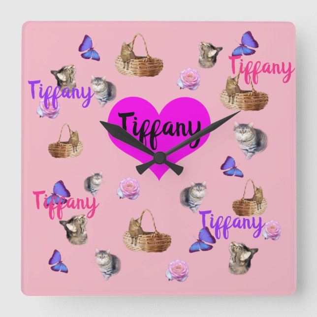 Tiffany Name With Cats Butterflies Roses, Square Wall Clock (Front)