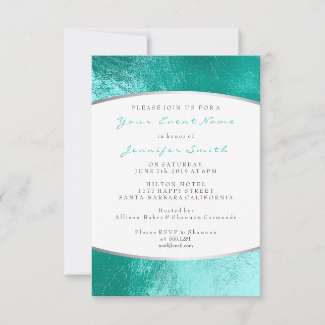 Tiffany Ocean Blue Aqua Grey White Metallic Beach Invitation (Front)