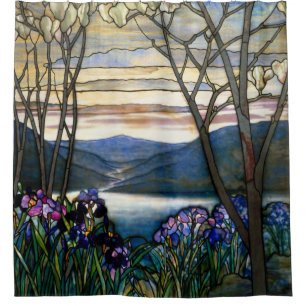 Tiffany Stained Glass Magnolias Irises Art Nouveau Shower Curtain