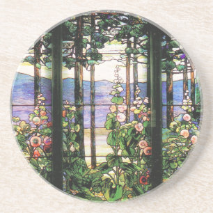Tiffany Stained Glass Window Hollyhocks Art Coaster