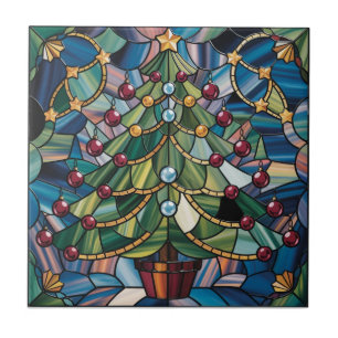 Tiffany-Style Stained Glass Christmas Tree Ceramic Tile