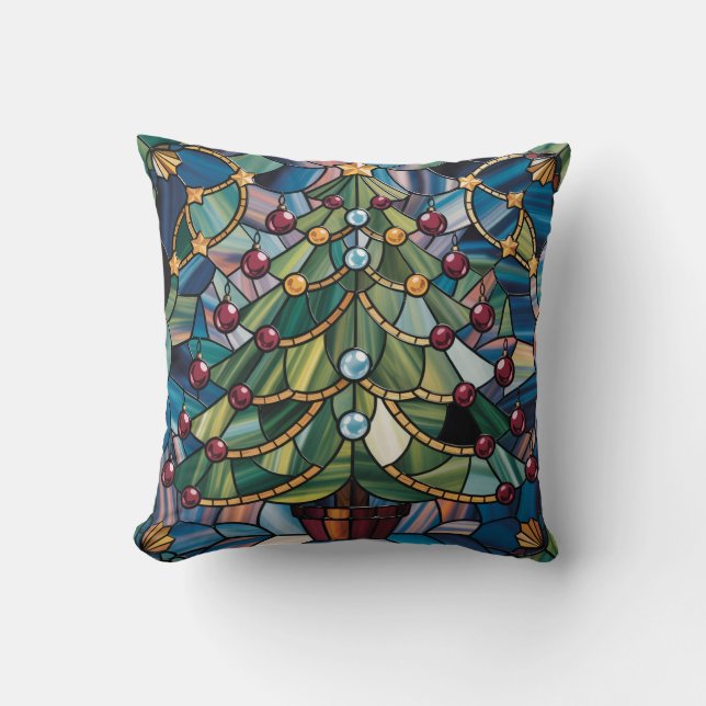 Tiffany-Style Stained Glass Christmas Tree Cushion (Front)