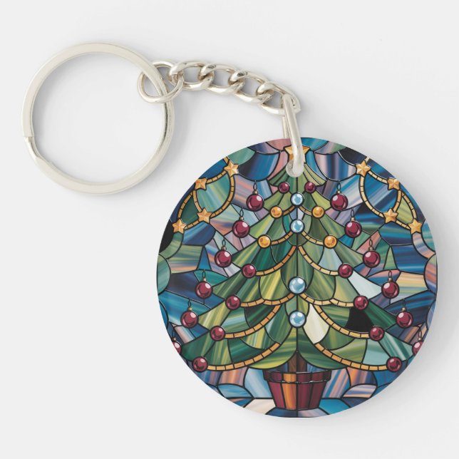 Tiffany-Style Stained Glass Christmas Tree Key Ring (Front)