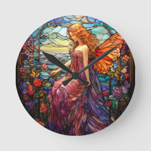 Tiffany Style Stained Glass Magical Fairy Round Clock