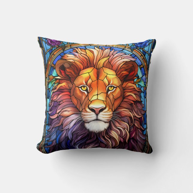 Tiffany-Style Stained Glass Majestic Lion Cushion (Front)