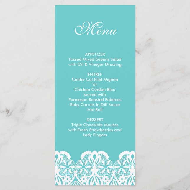 Tiffany Teal Lace Wedding Menu (Front)
